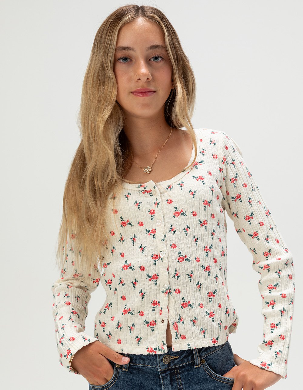 RSQ Girls Ditsy Button Front Long Sleeve Top - Cream Combo