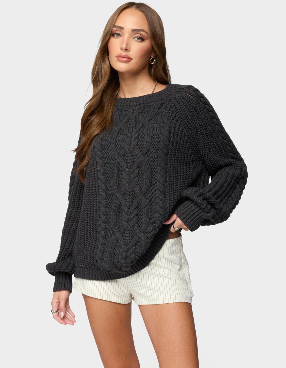 EDIKTED Lira Chunky Cable Knit Sweater - DARK GRAY