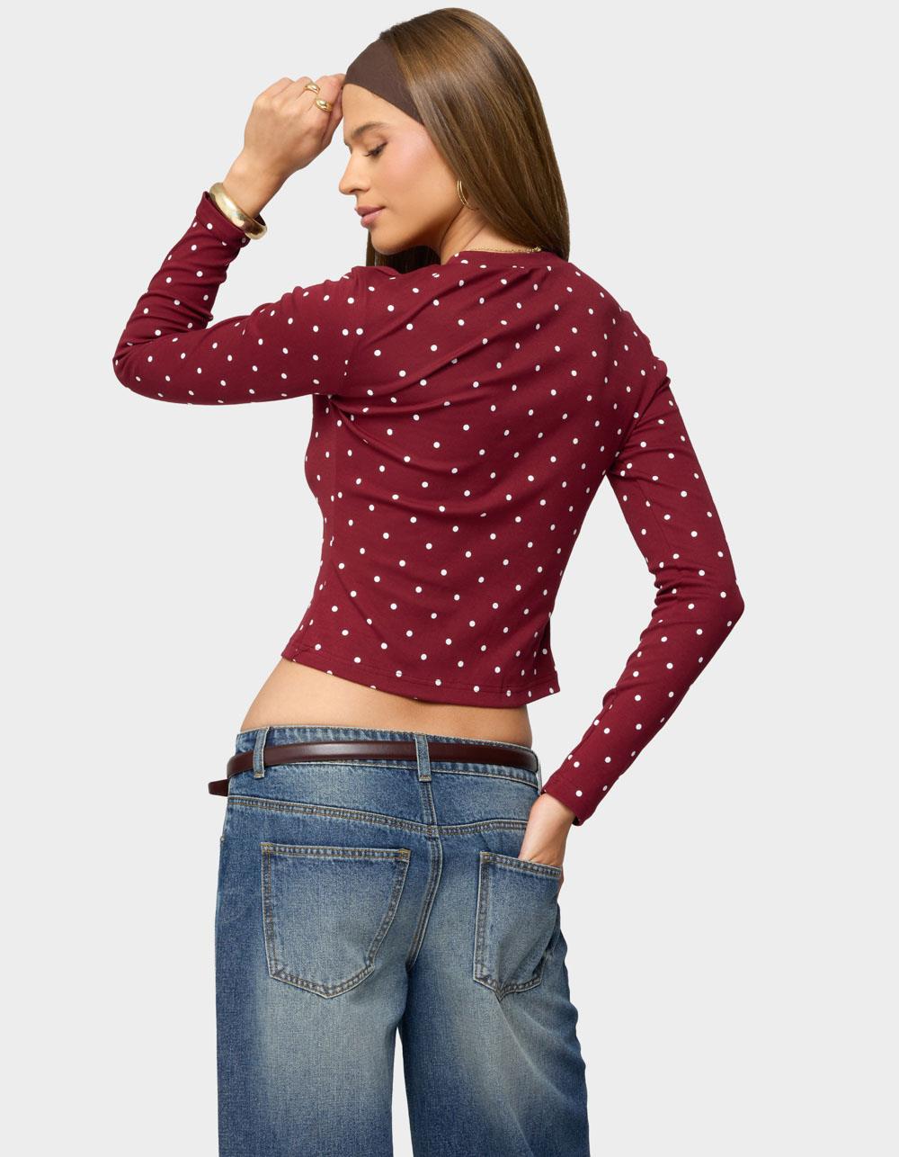 EDIKTED Daliya Polka Dot Long Sleeve Top - DK RED