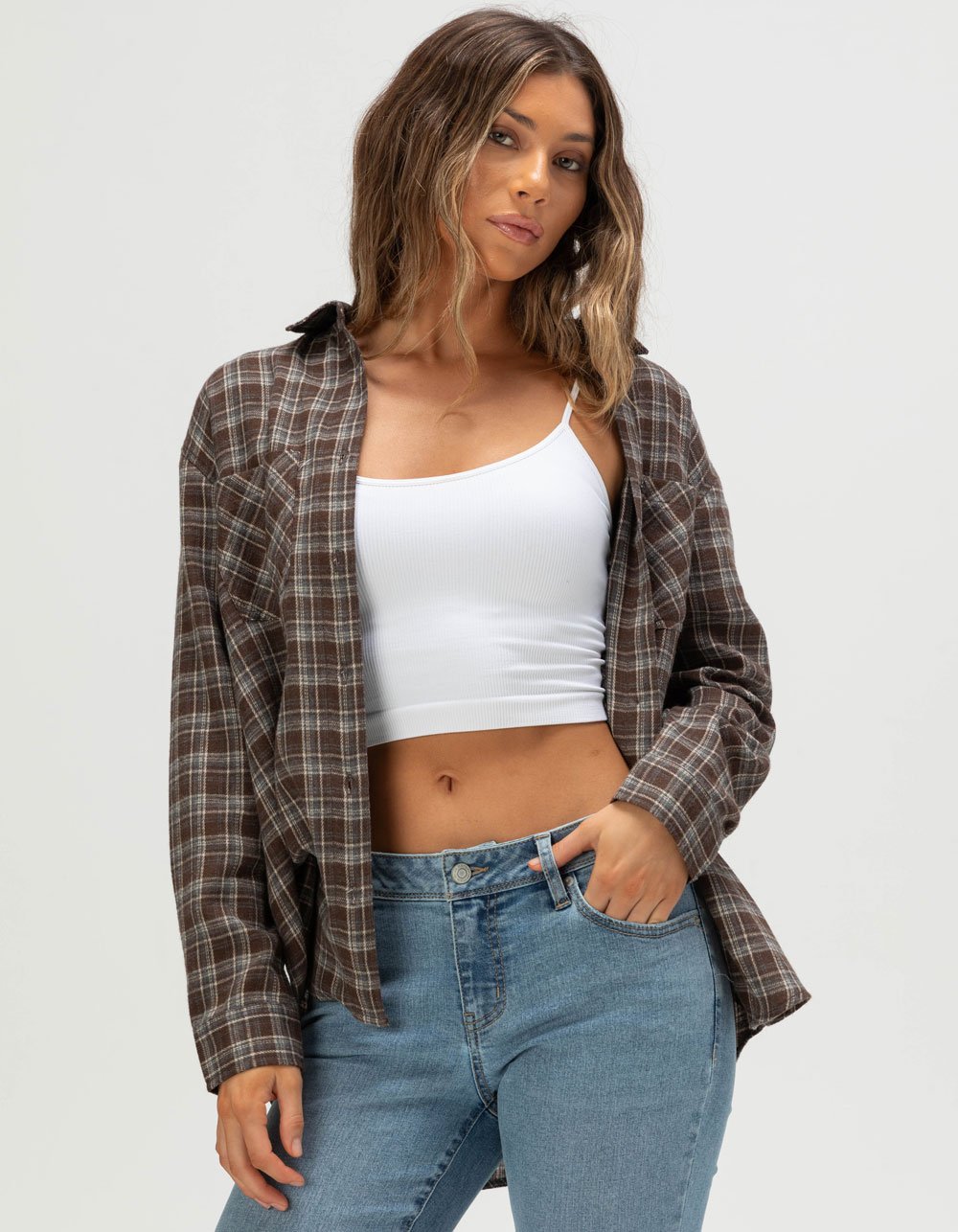 RSQ Womens Oversized Flannel - BROWN/BLUE