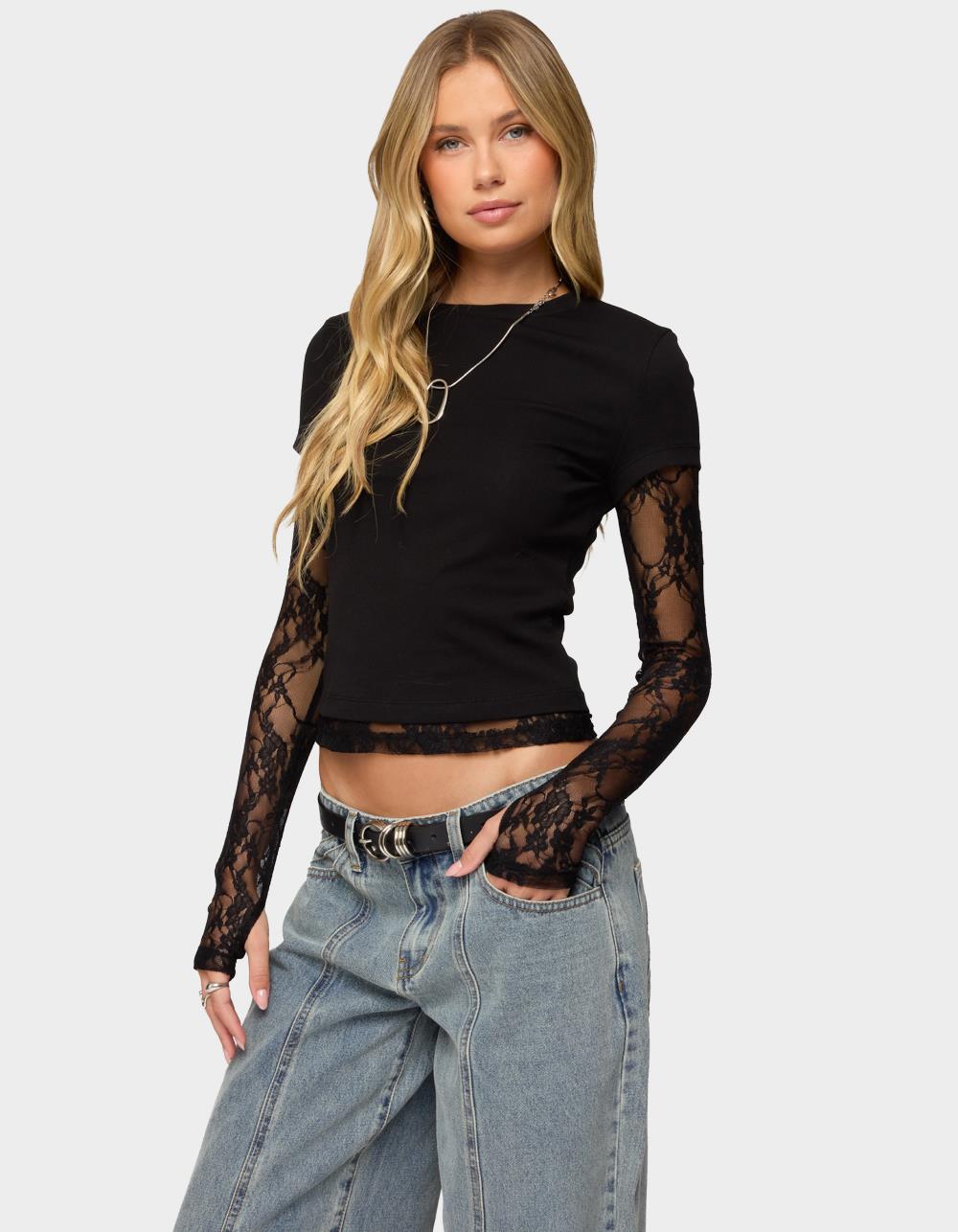 EDIKTED Layered Lace Sleeve Tee - BLACK