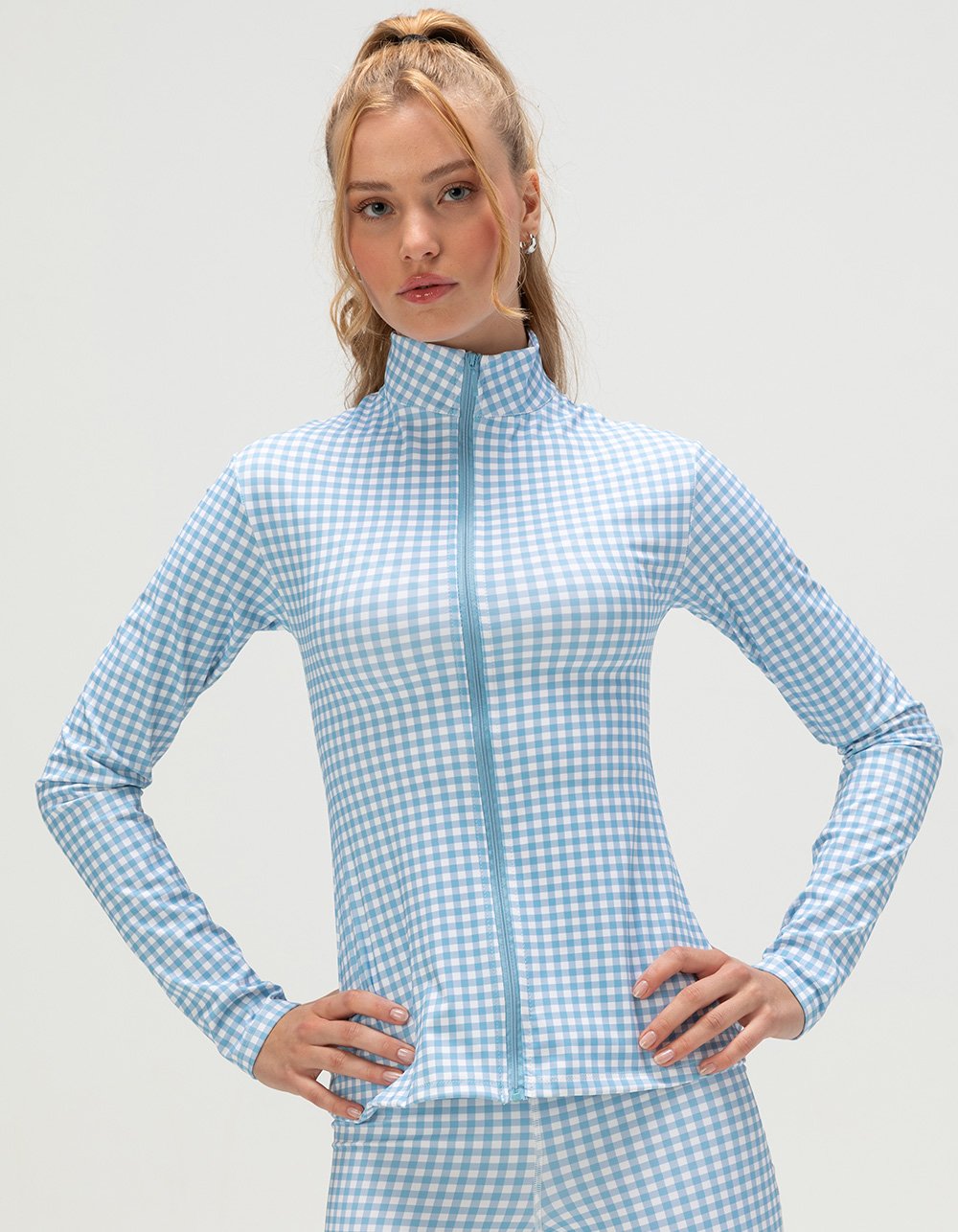 HAPPY CAMP3R Harper Sky Blue Gingham Womens Zip-Up Active Top - BLUE/WHT