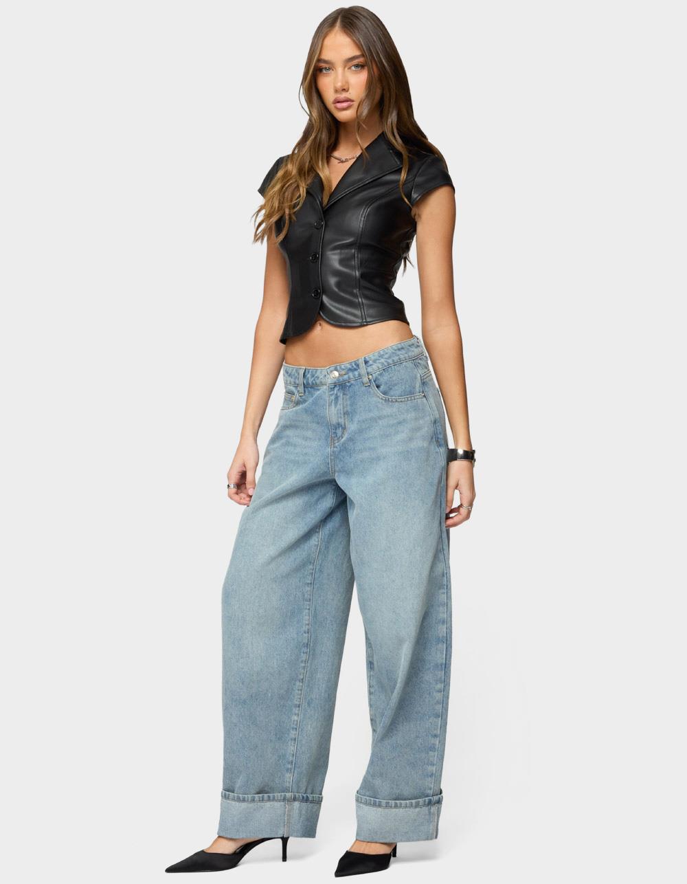 EDIKTED Faux Leather Tailored Button Up Top - BLACK
