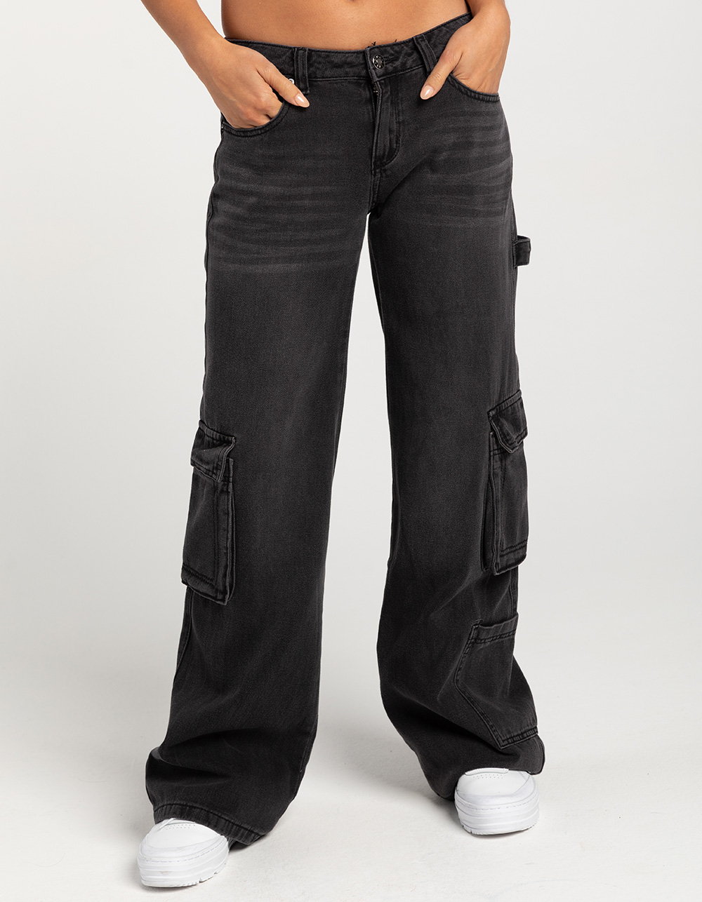 GEMMA RAE Low Rise Wide Leg Womens Cargo Pants - BLACK DENIM