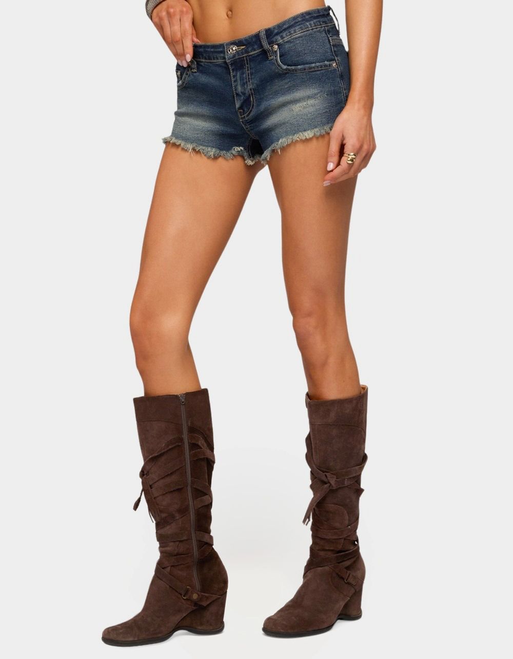 EDIKTED Distressed Hem Denim Micro Shorts - BLUE