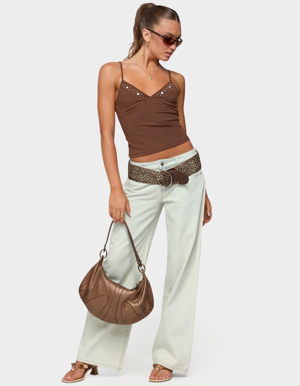 EDIKTED Holland Bead V-Neck Tank Top - BROWN
