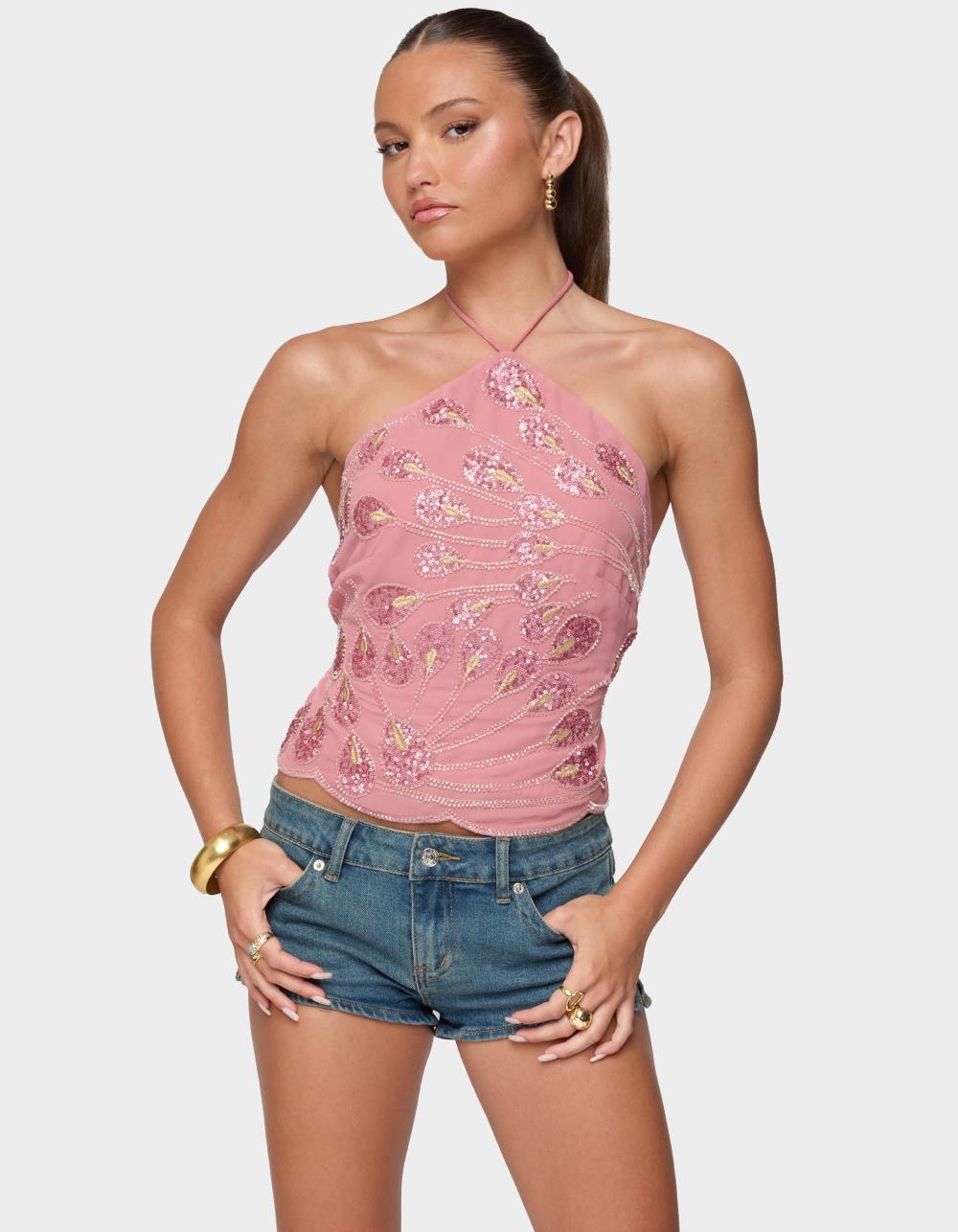 EDIKTED Embroidered Bead & Sequin Halter Top - PINK