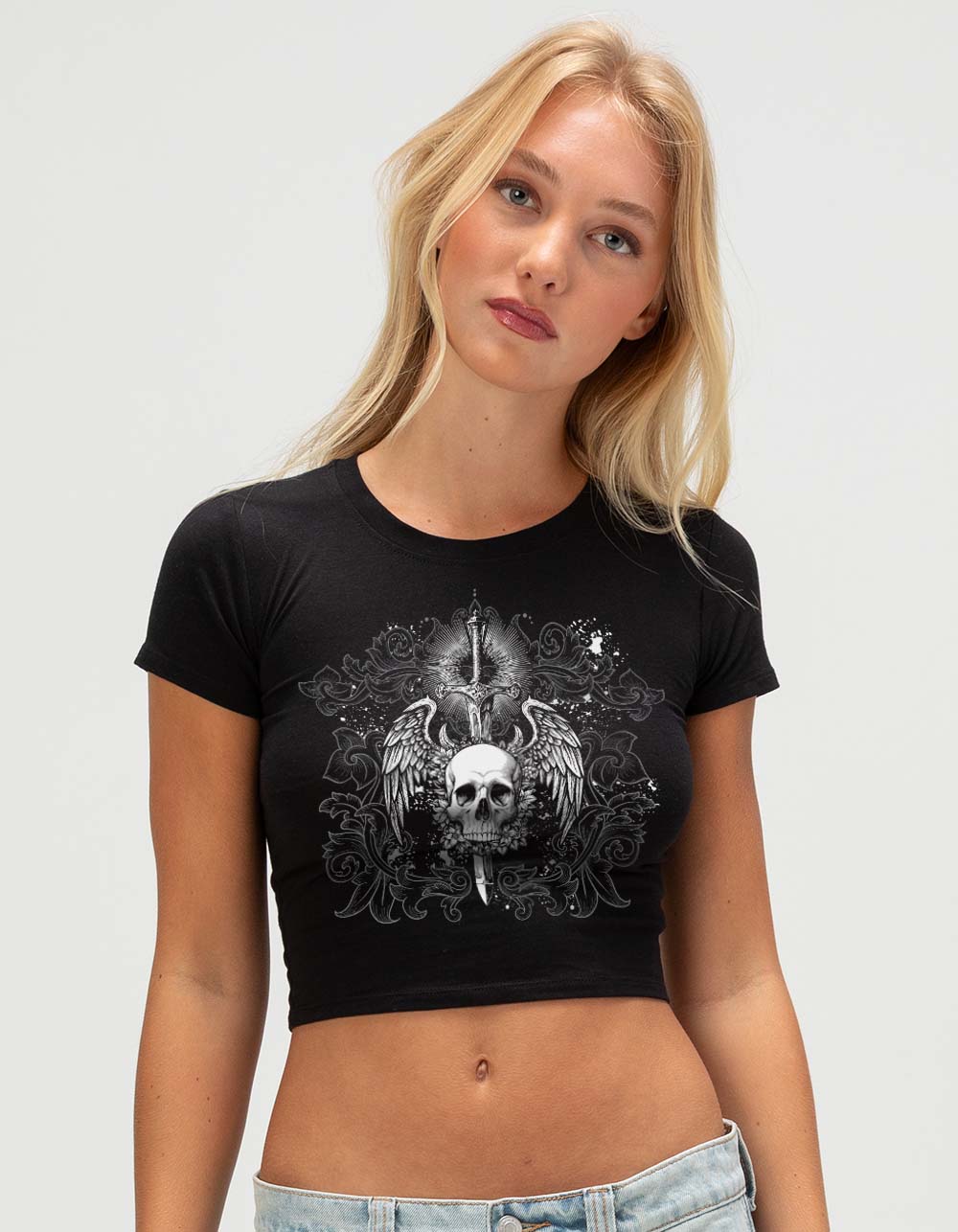 Skull Winged Womens Baby Tee - BLACK