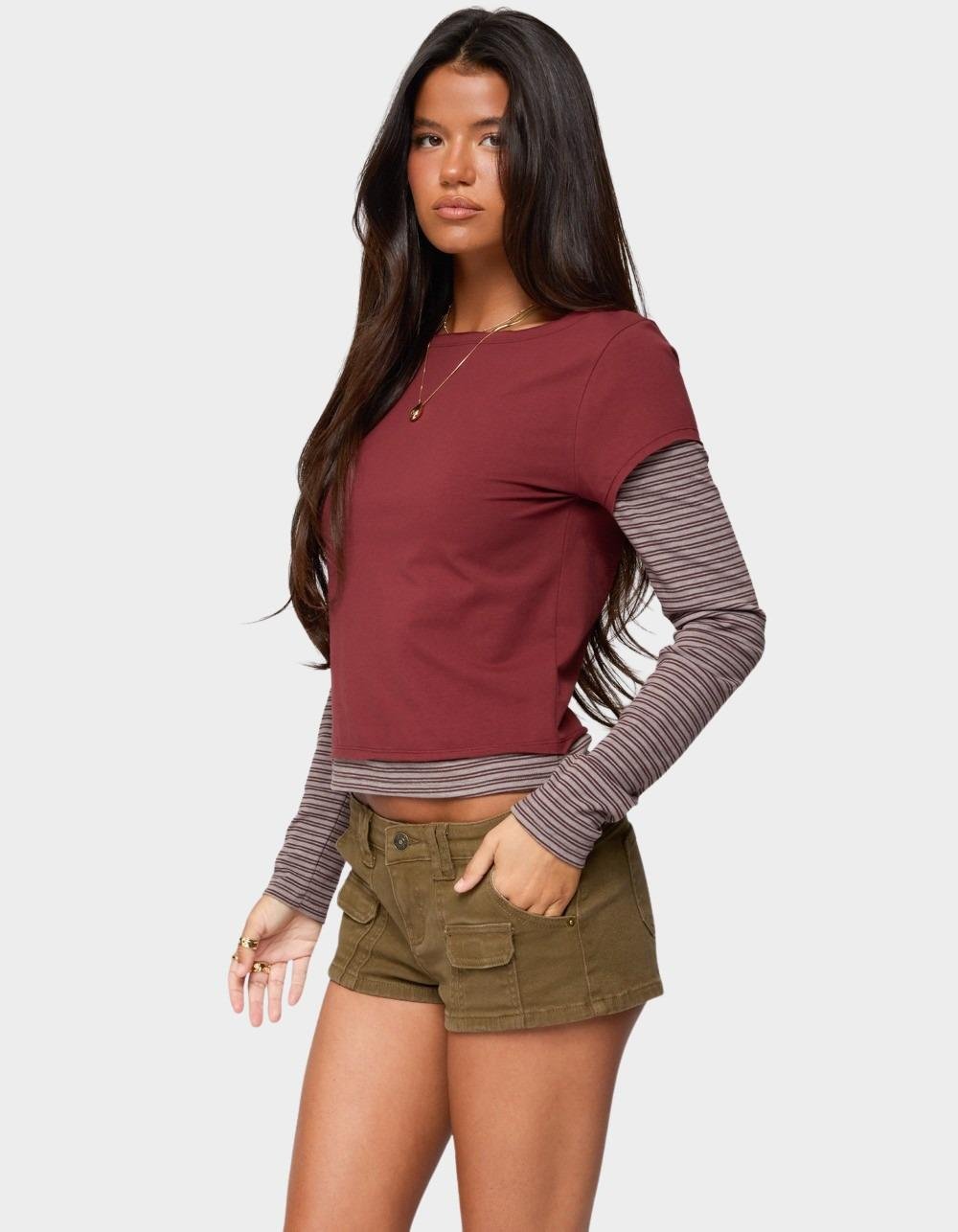 EDIKTED Layered Stripey Long Sleeve Tee - DK RED
