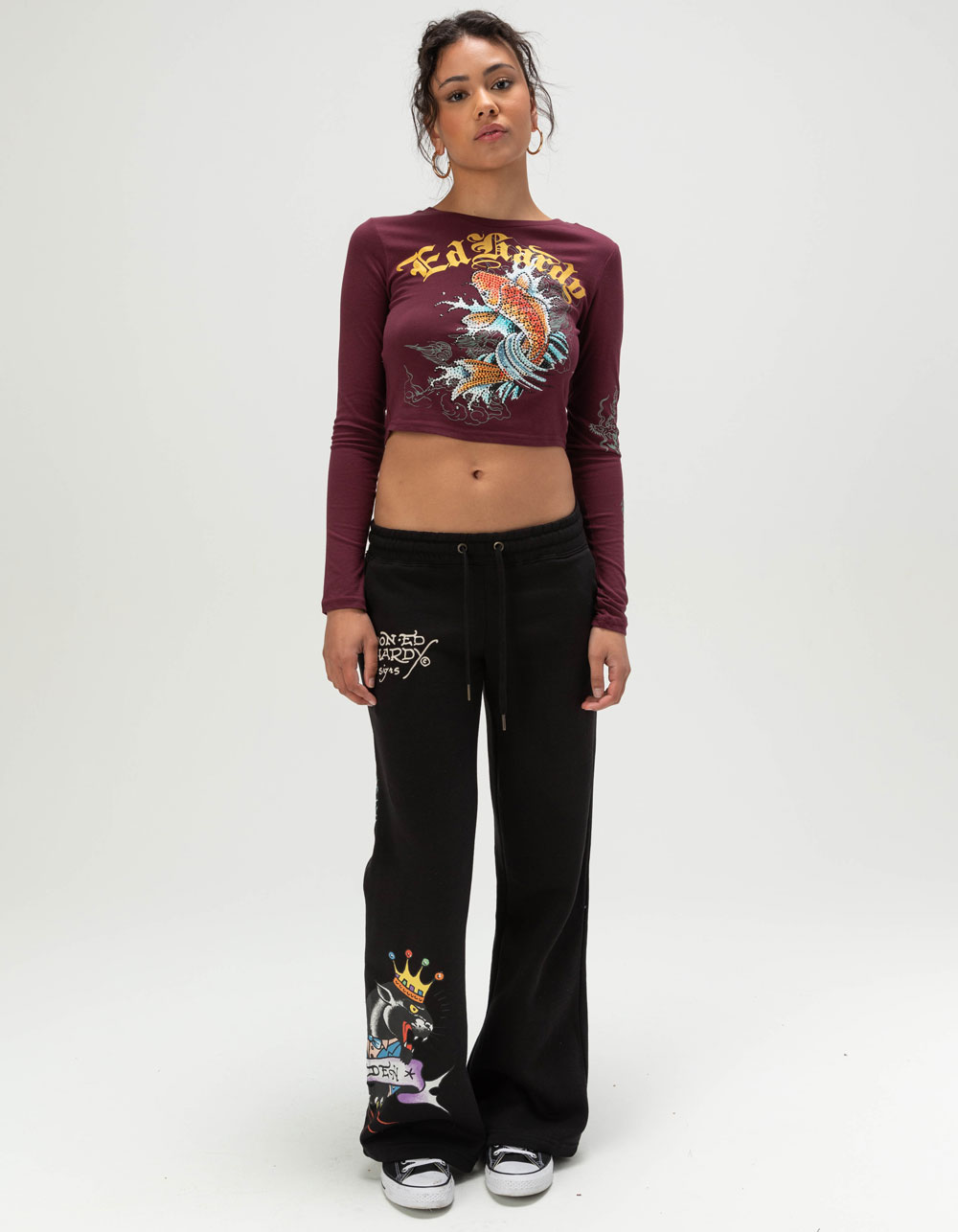 ED HARDY Koi Fish Womens Long Sleeve Baby Tee - WINE