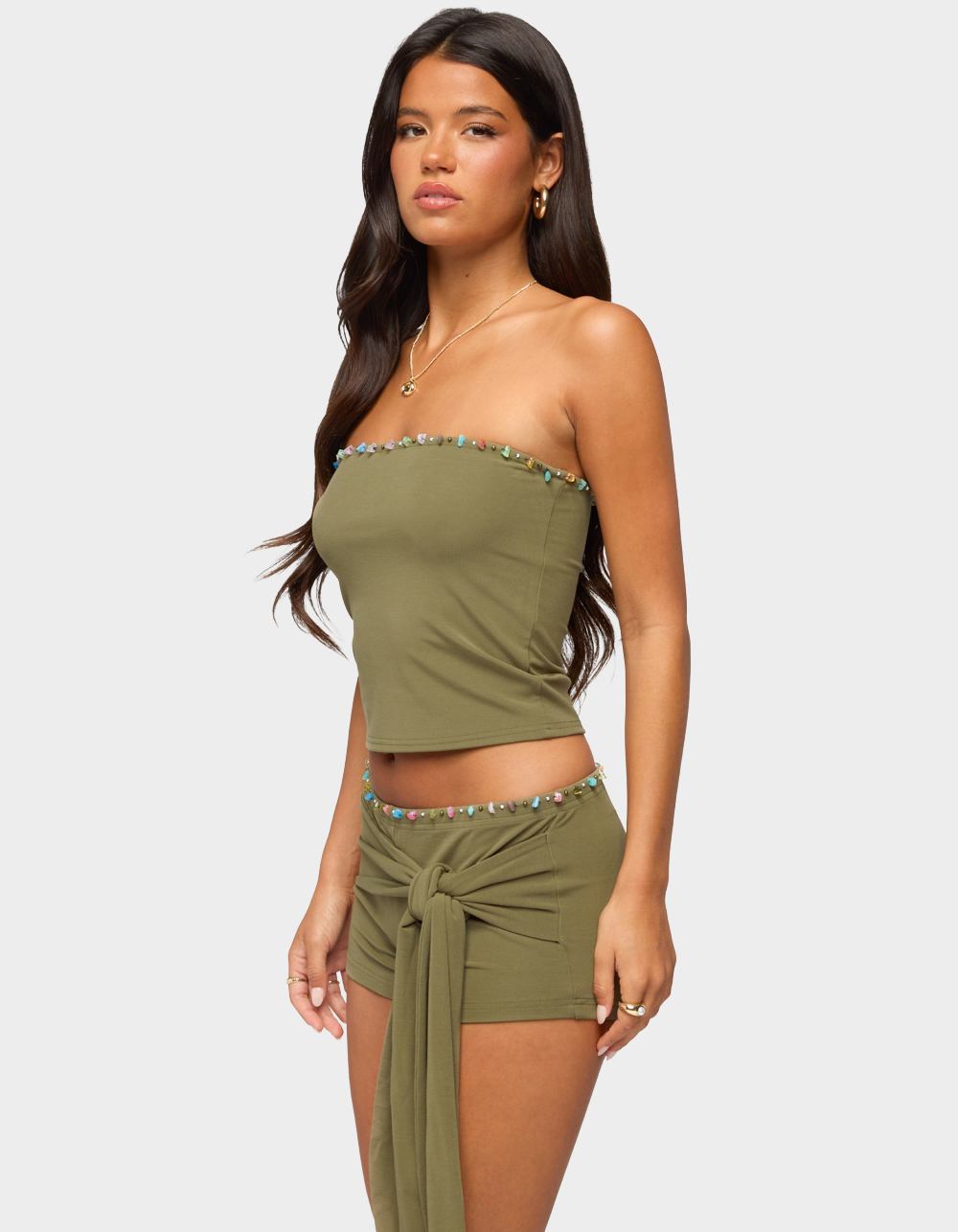 EDIKTED Monroah Bead Strapless Top - DK GREEN