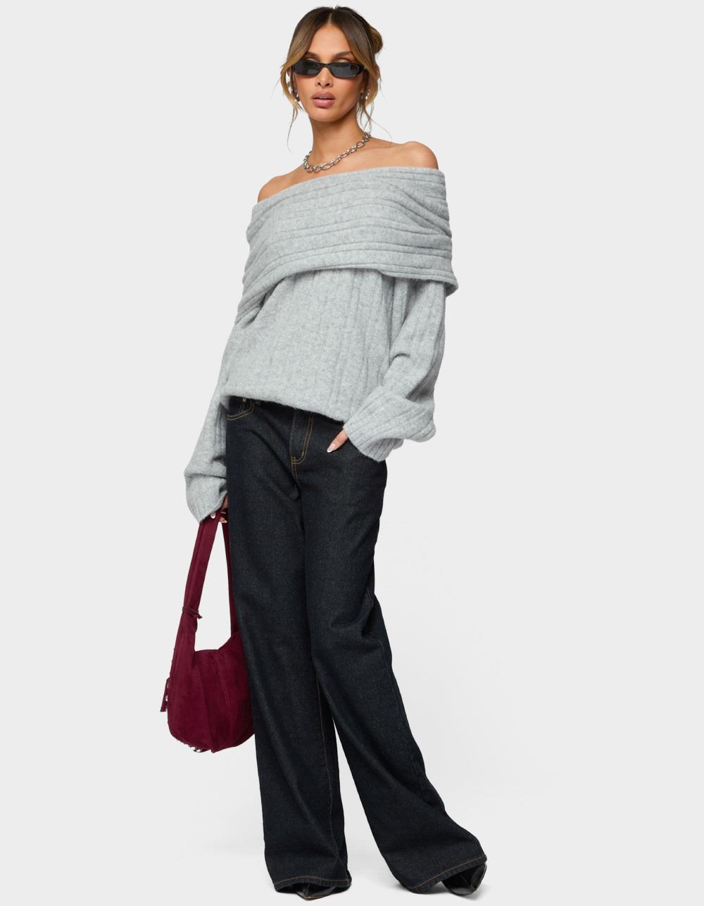 EDIKTED Kadenna Oversized Off Shoulder Sweater - GRAY