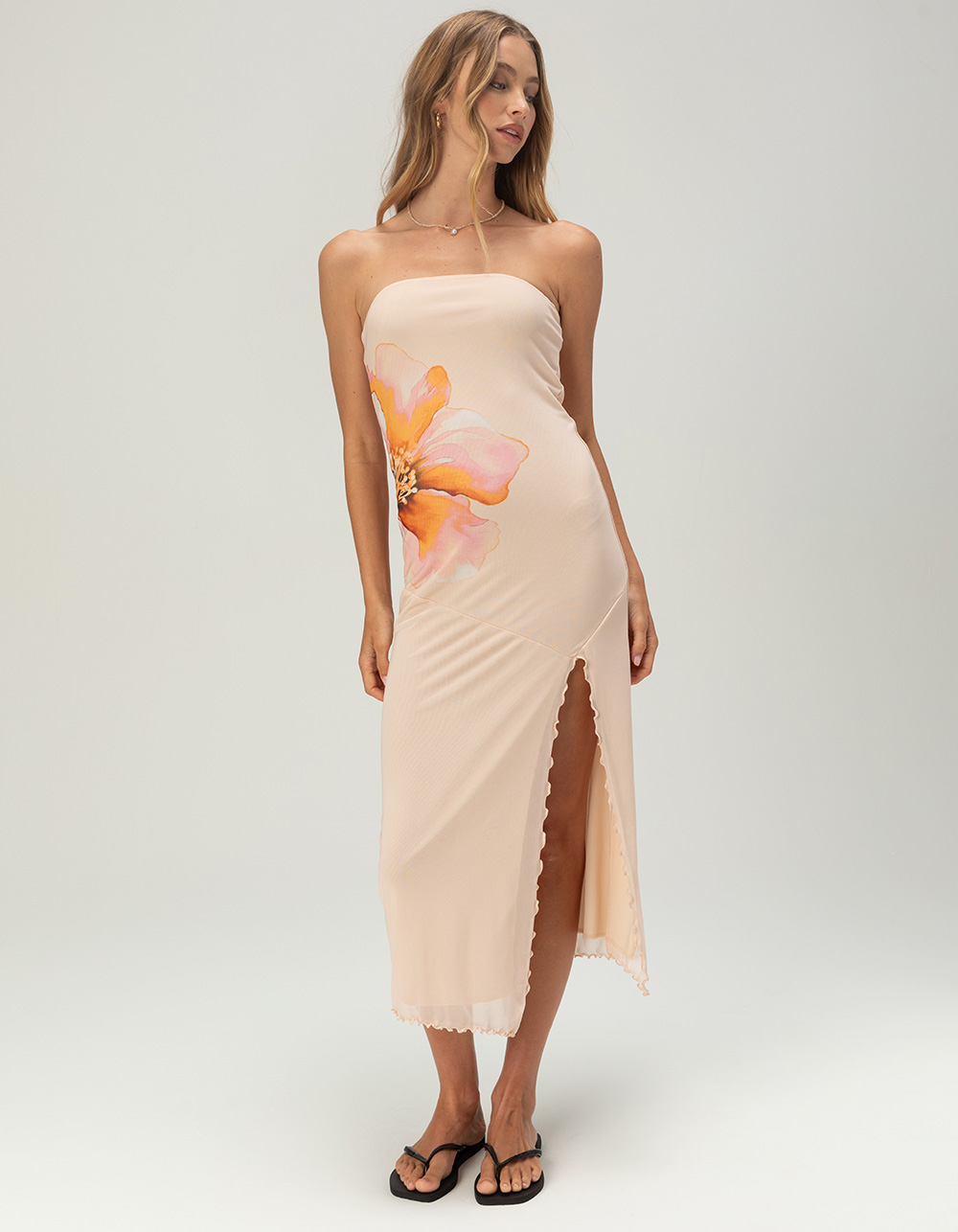 FULL TILT Floral Womens Mesh Midi Dress - Cream Combo