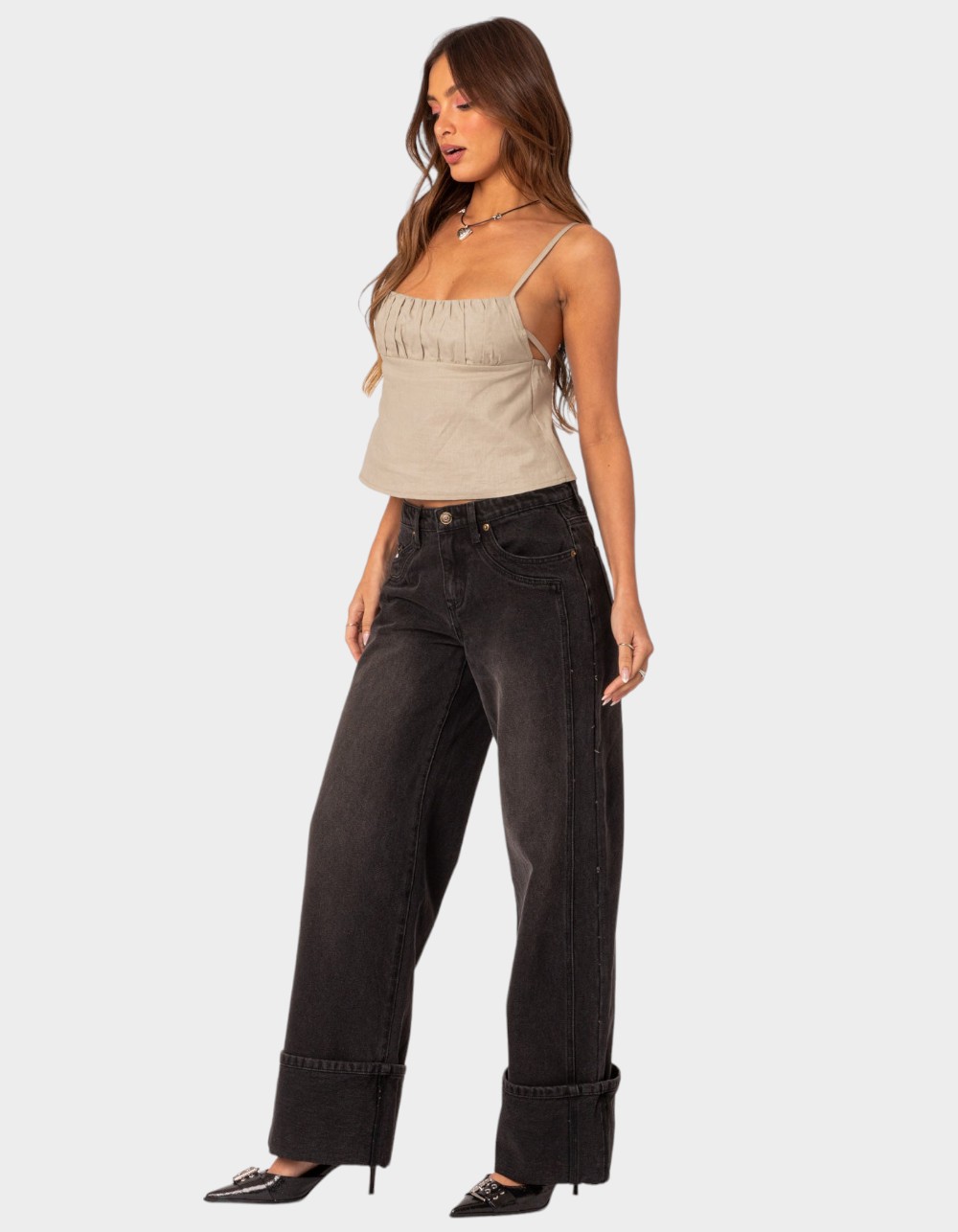 EDIKTED Linen Open Back Top - DK GREEN