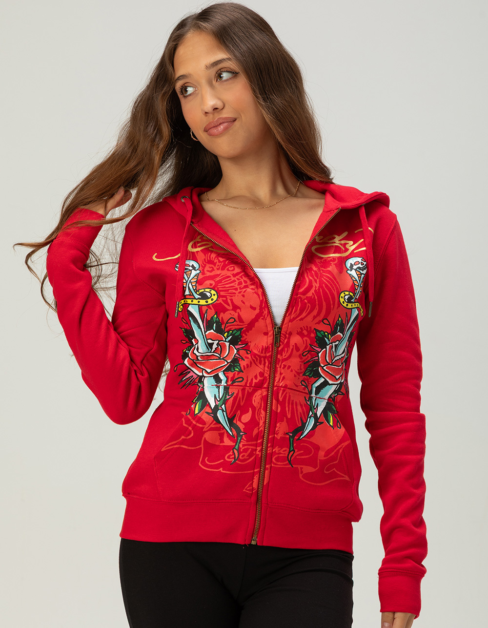 ED HARDY Dagger Roses Womens Long Zip-Up Hoodie - RED