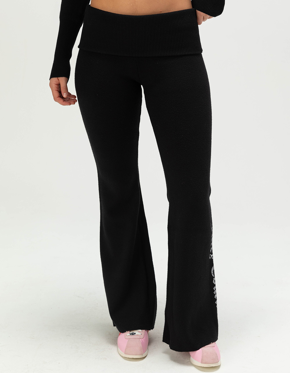 JUICY COUTURE Sweater Bling Womens Fold Over Waistband Flare Pants - BLACK