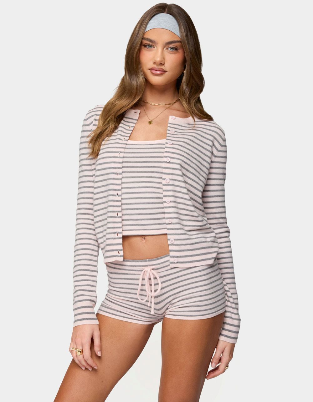 EDIKTED Lillian Striped Button Up Knit Cardigan - LIGHT PINK