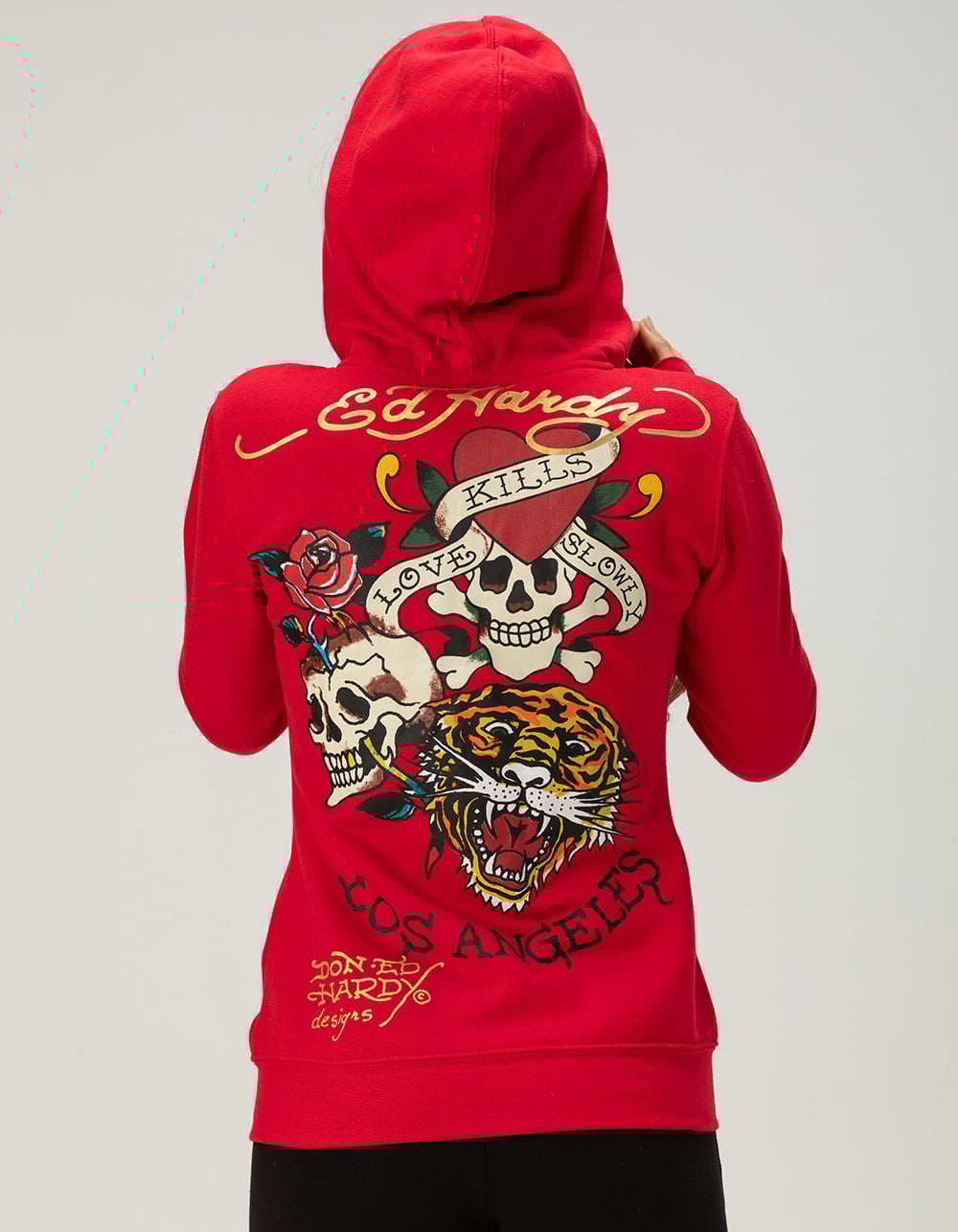 ED HARDY Dagger Roses Womens Long Zip-Up Hoodie - RED