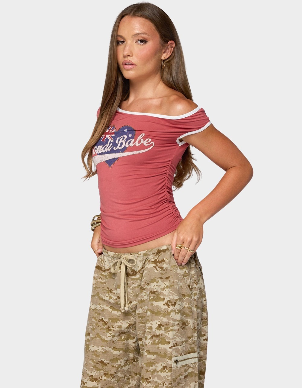 EDIKTED Bondi Babe Off Shoulder Top - RED