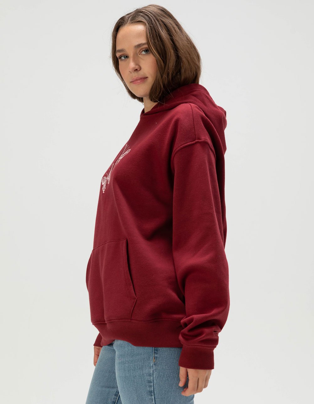 FULL TILT Embroidered Butterfly Womens Hoodie - BURGUNDY