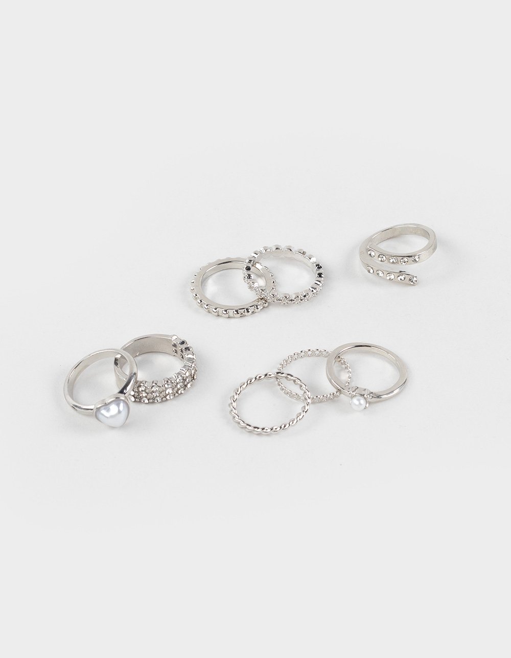 FULL TILT 8 Pack Stone/Heart/Pearl Rings - SILVER