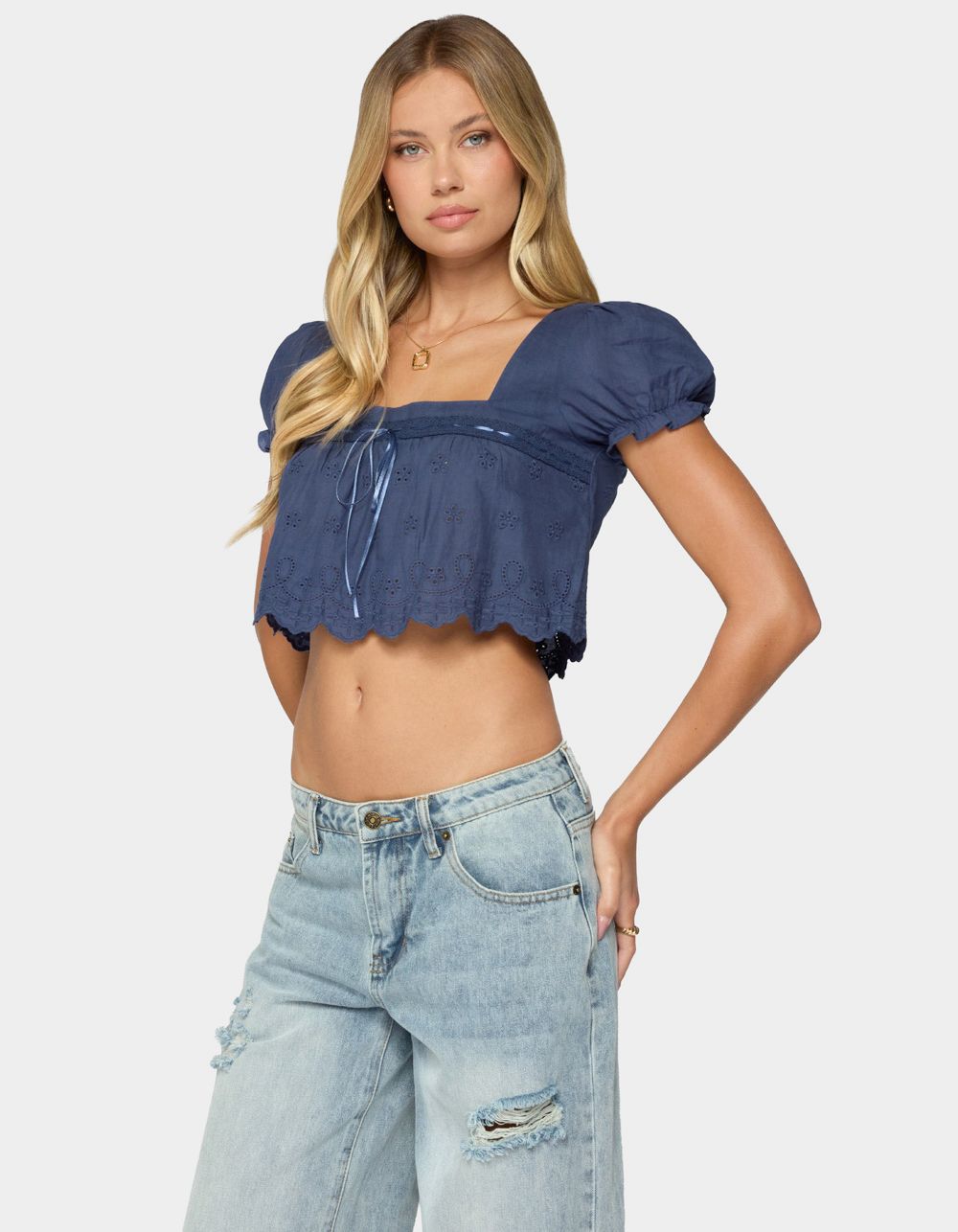 EDIKTED Joeli Cotton Eyelet Crop Top - NAVY