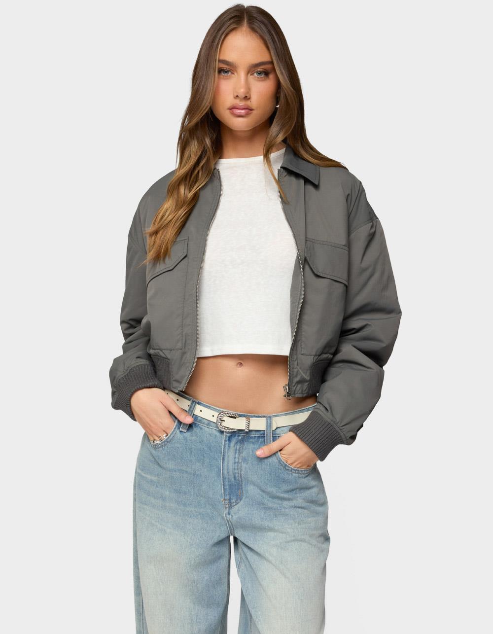 EDIKTED Dolan Ruched Oversized Bomber Jacket - GRAY