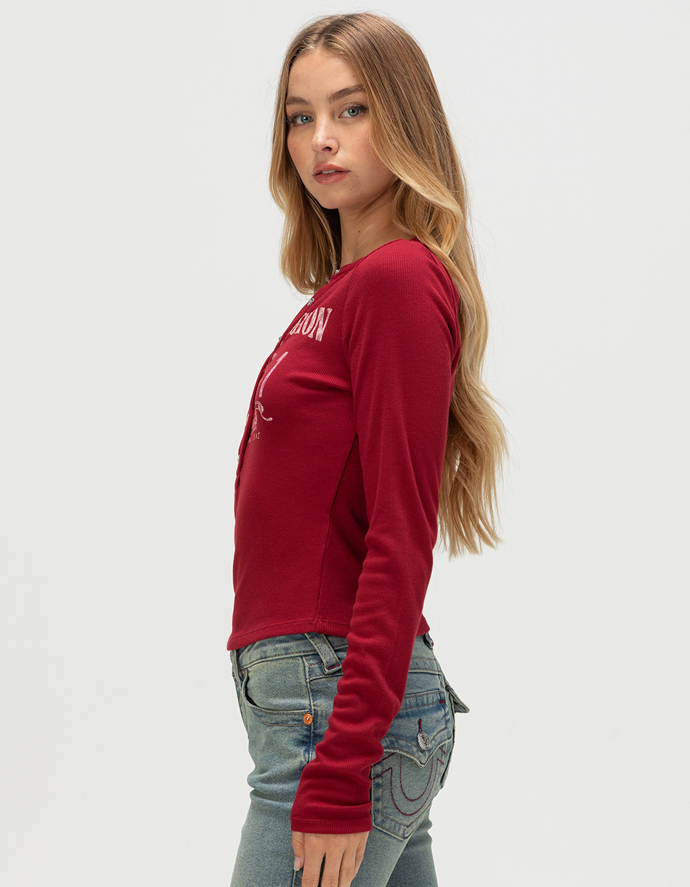 TRUE RELIGION Ribbed Faded Logo Womens Long Sleeve Henley Top