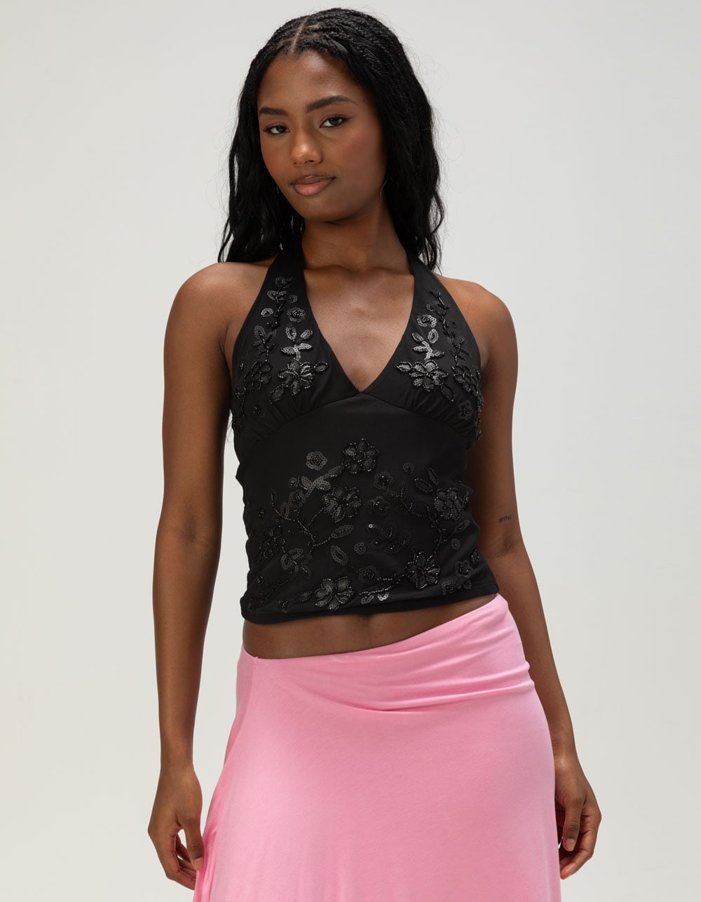 MADDEN GIRL Womens Beaded Mesh Halter Top