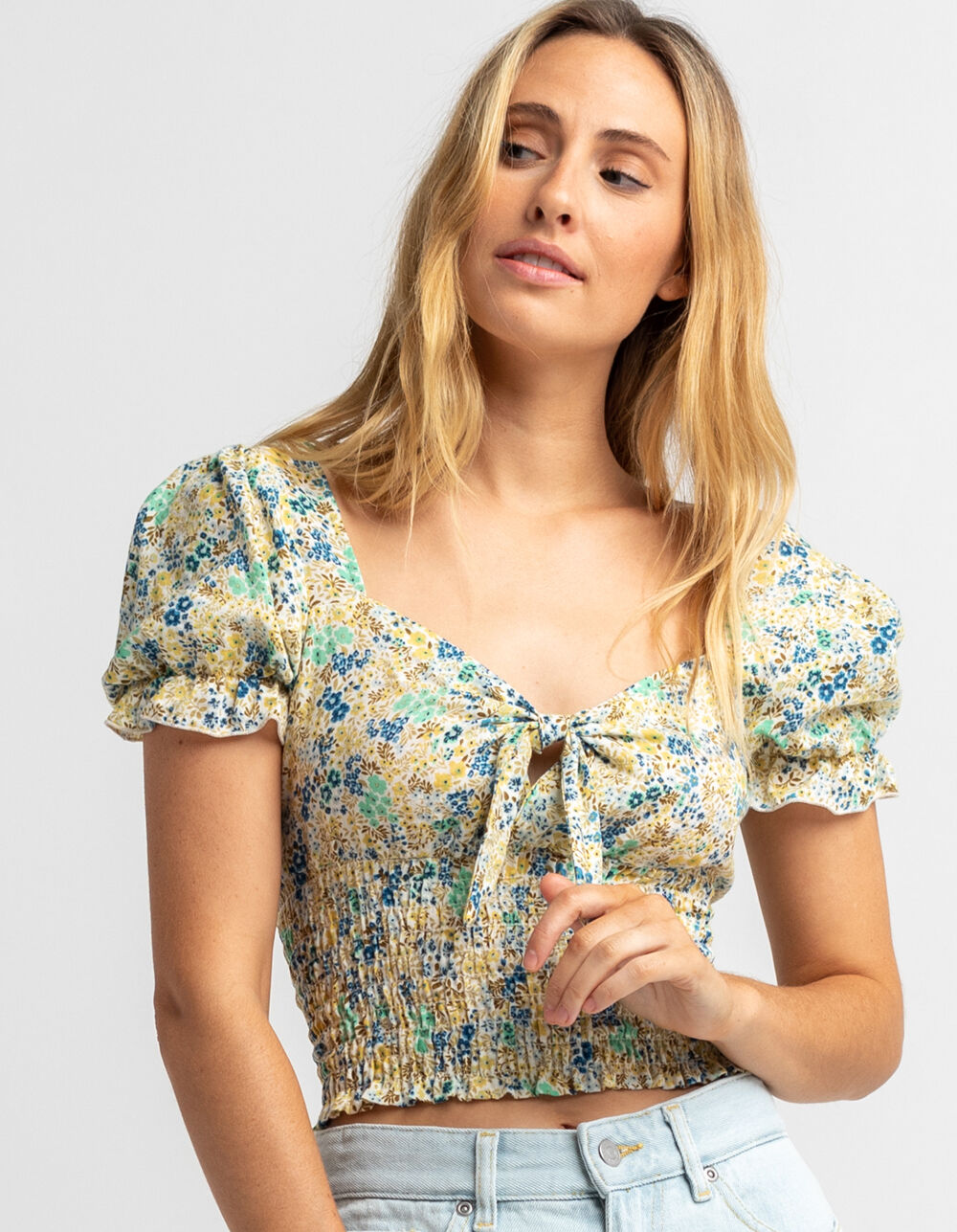 SKY AND SPARROW Womens Yellow Smocked Tie Front Top - YELLOW | Tillys