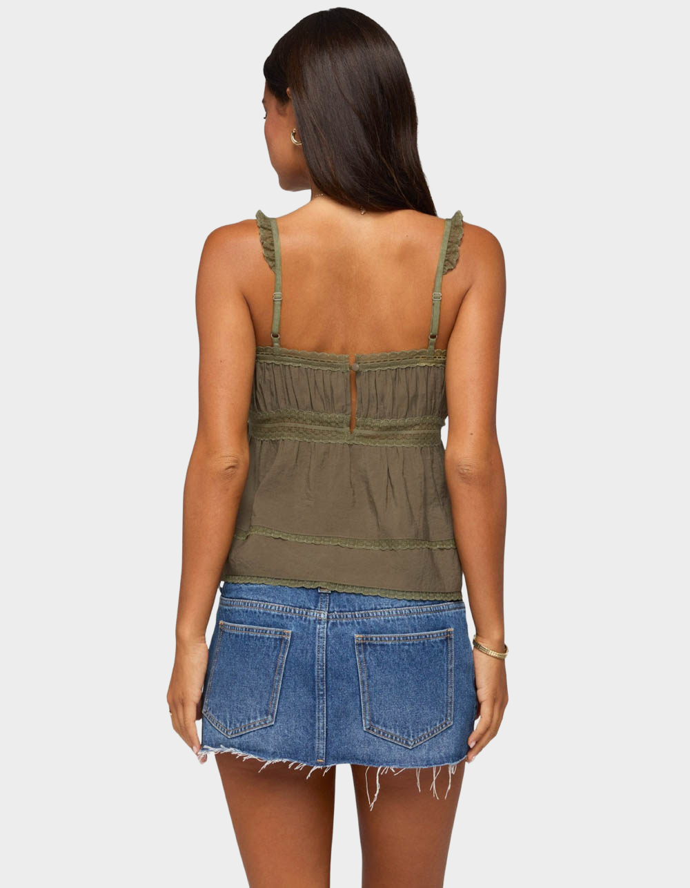 EDIKTED Mable Lacey Straight Neck Tank Top - DK GREEN
