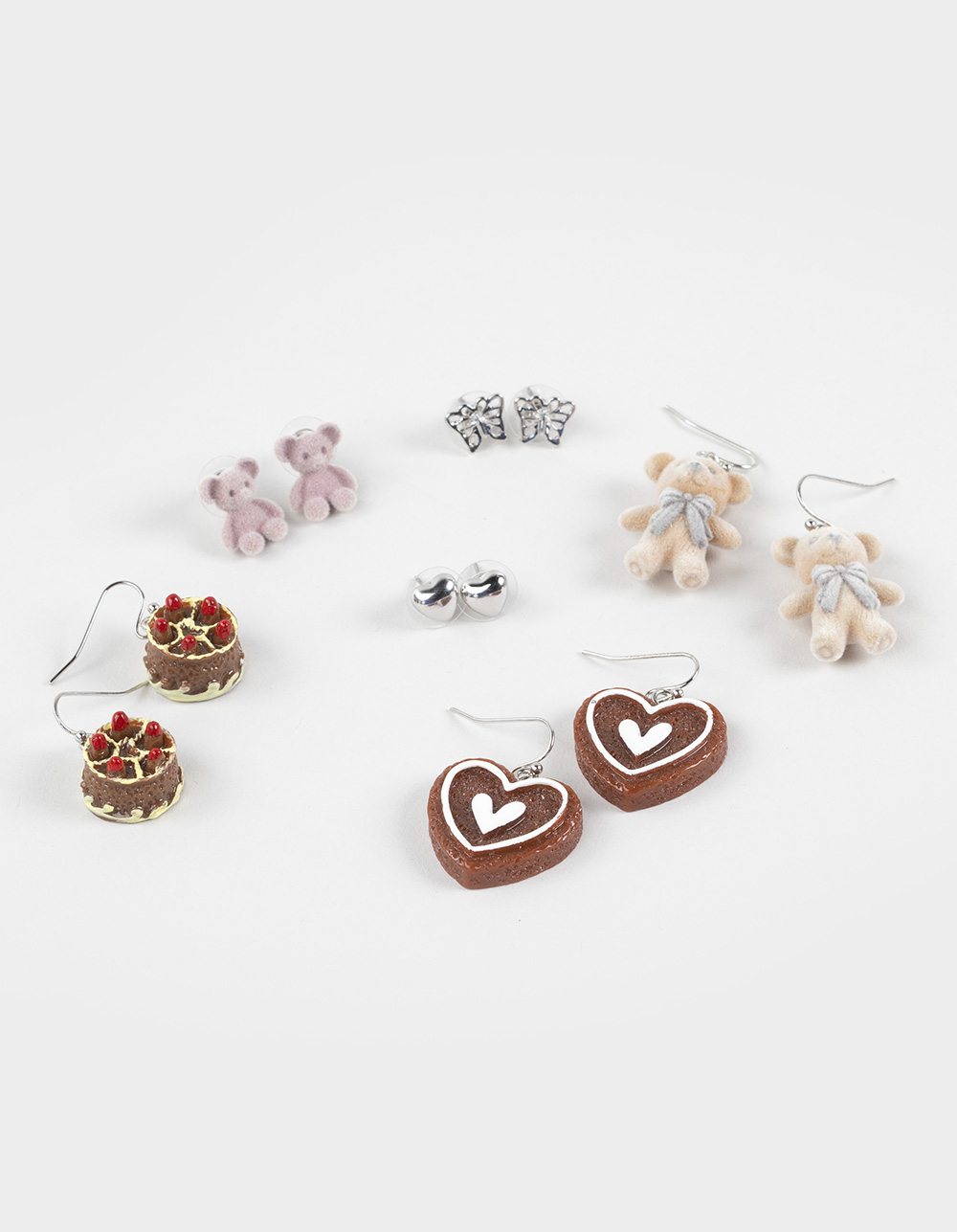 FULL TILT 6 Pack Bear/Cake/Heart Earrings - SILVER