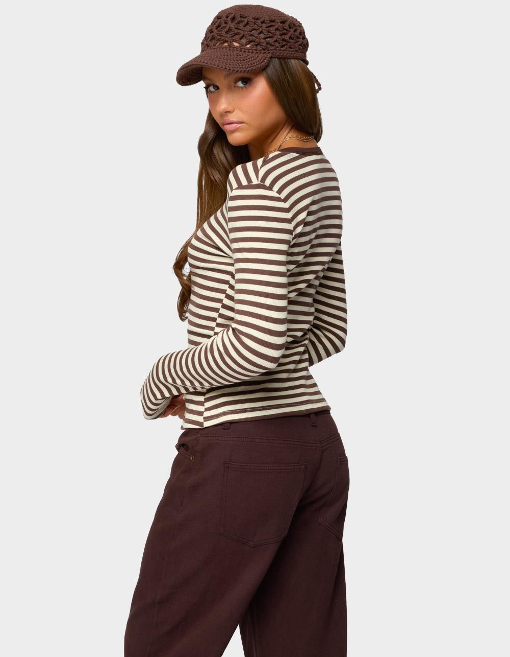 EDIKTED Roma Striped Henley Top - BROWN
