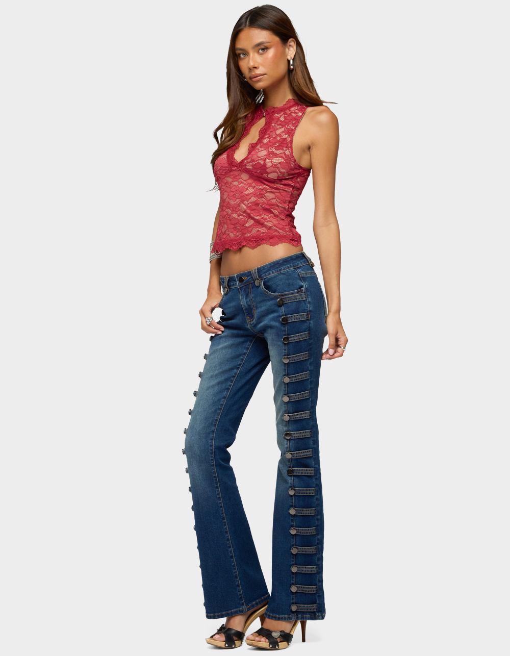 EDIKTED Frieda Keyhole Cutout Lace Top - DK RED