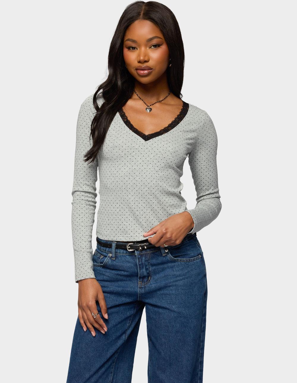 EDIKTED Morah Lacey Polka Dot Top - GRAY