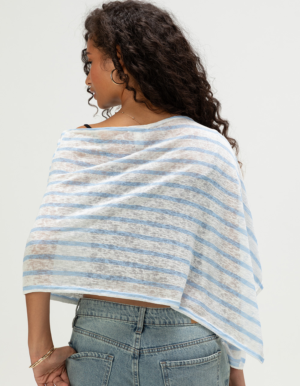 FULL TILT Womens Off The Shoulder Stripe Poncho - BLUE/WHT