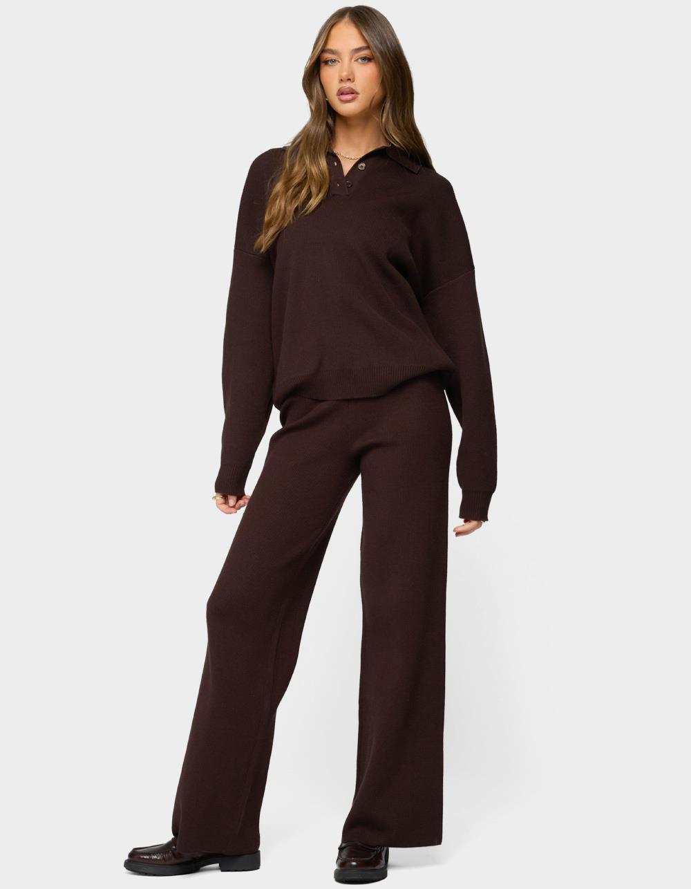 EDIKTED Lorie Wide Leg Knit Pants - BROWN