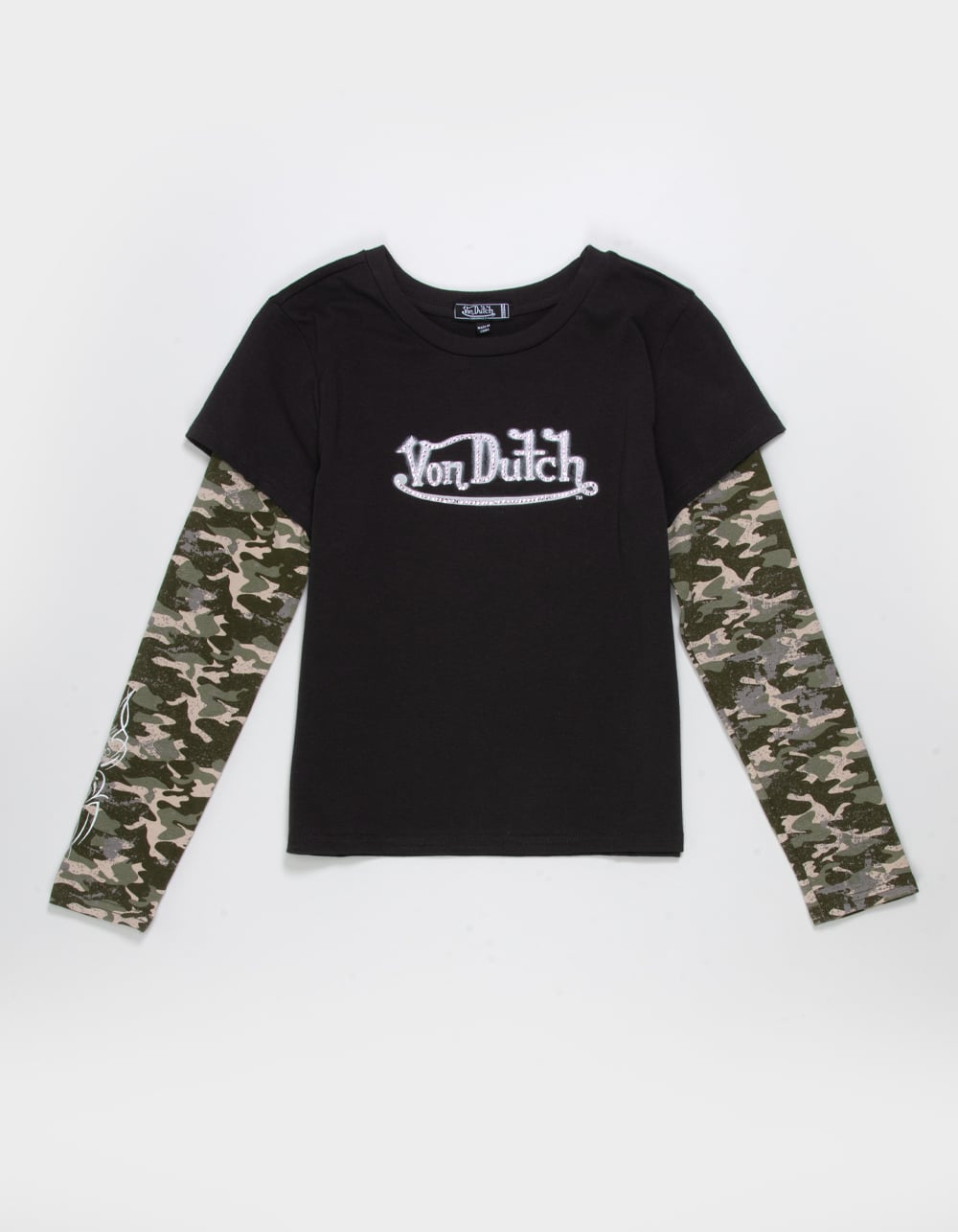 VON DUTCH Rhinestone Camo Girls 2fer Tee - BLACK COMBO