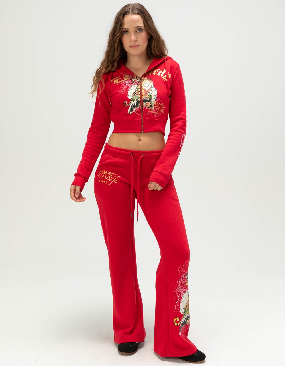 ED HARDY Tiger Mountain Womens Zip-Up Hoodie - CHERRY