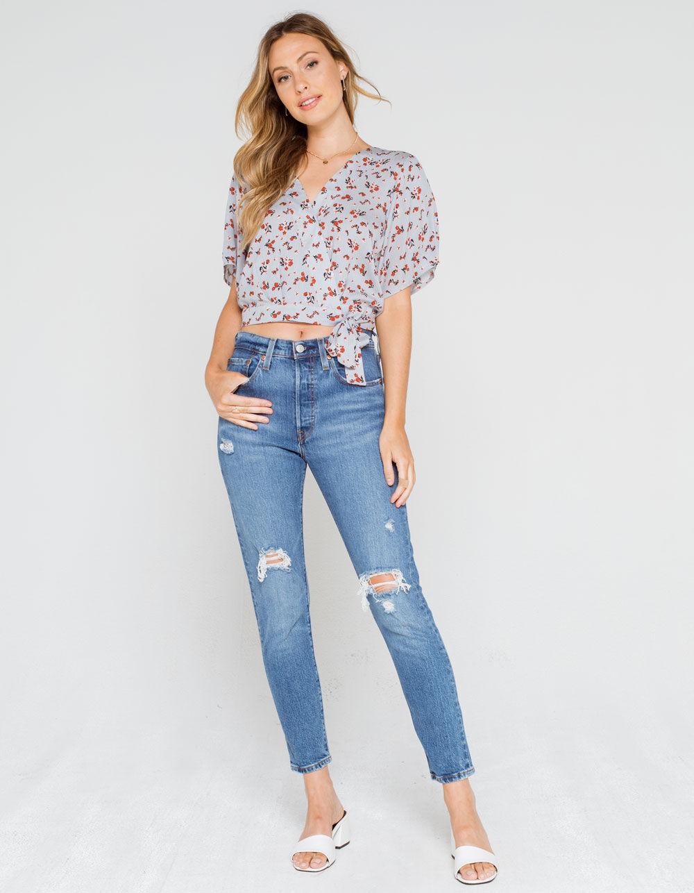 SKY AND SPARROW Scattered Floral Womens Surplice Top - LTBLU | Tillys
