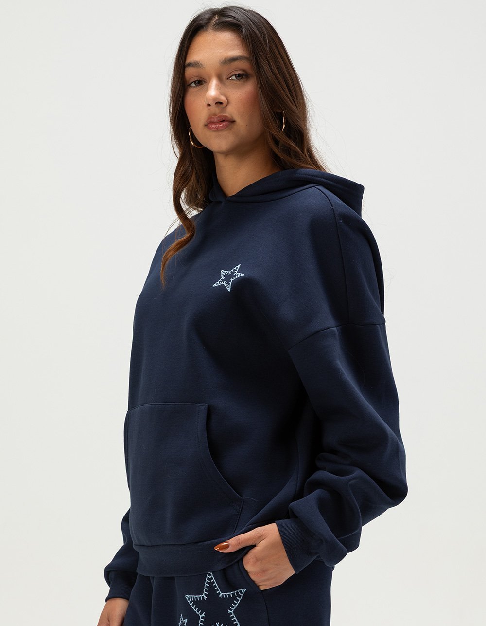 FULL TILT Womens Embroidered Star Hoodie - NAVY COMBO