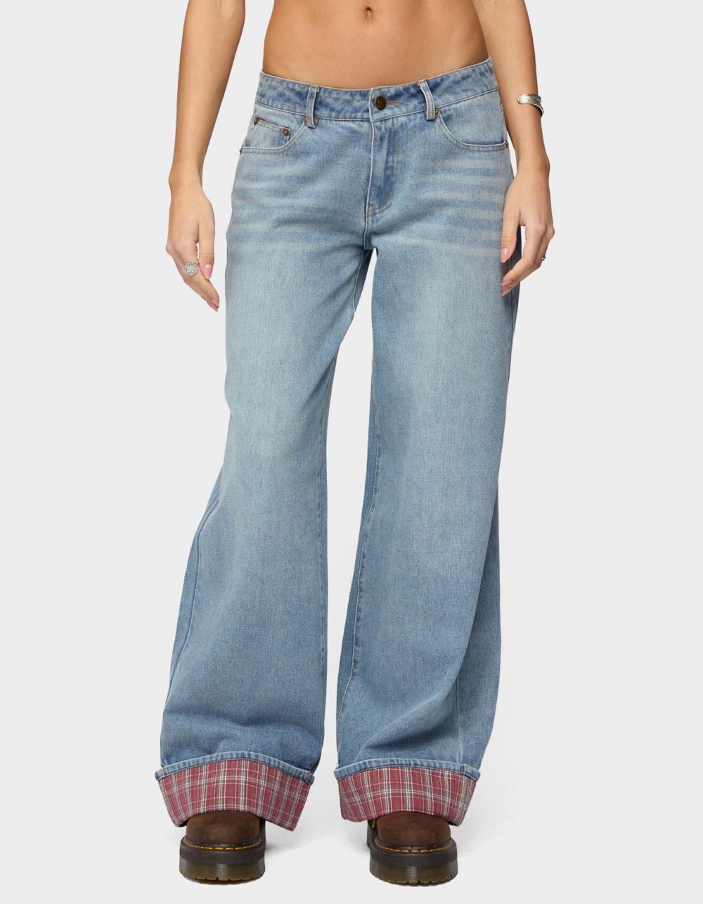 EDIKTED Plaid Cuffed Low Rise Baggy Jeans - LIGHT BLUE