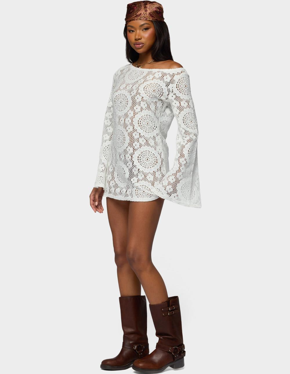 EDIKTED Off Shoulder Sheer Lace Mini Dress - WHITE