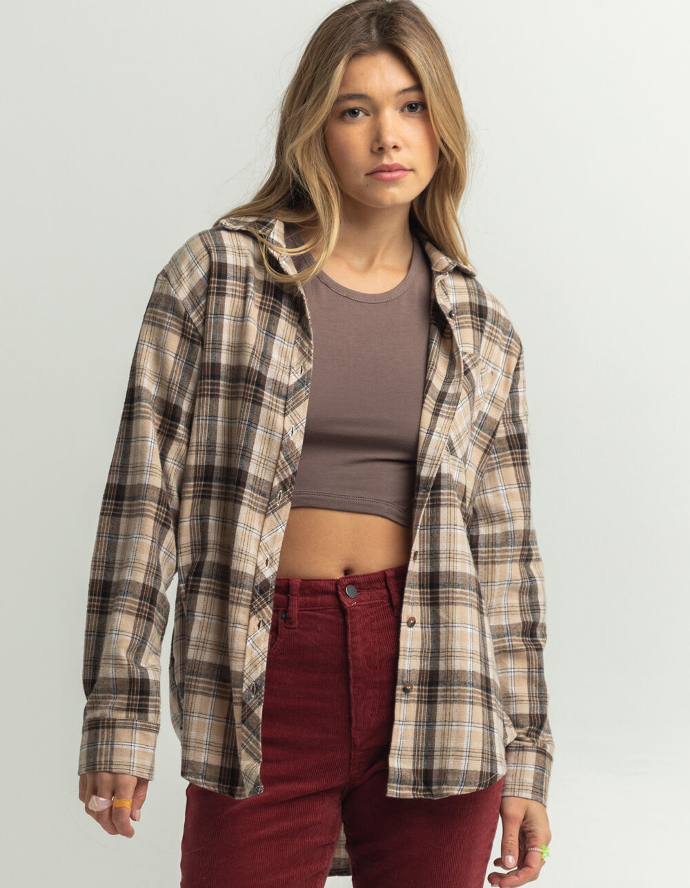 LIFE Womens Plaid Oversized Flannel - TAN COMBO | Tillys