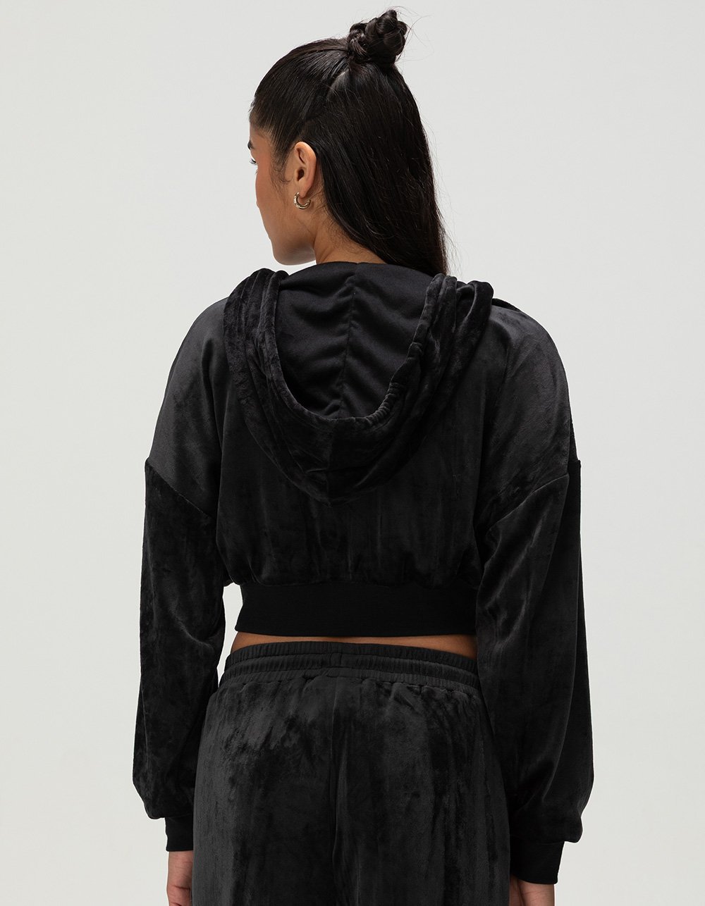 VON DUTCH Crushed Velour Womens Crop Zip-Up Hoodie - BLACK