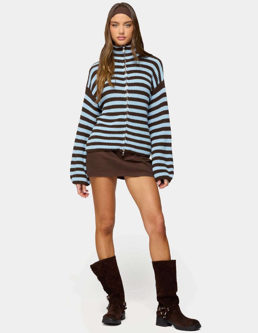 EDIKTED High Neck Striped Zip Up Sweater - BROWN