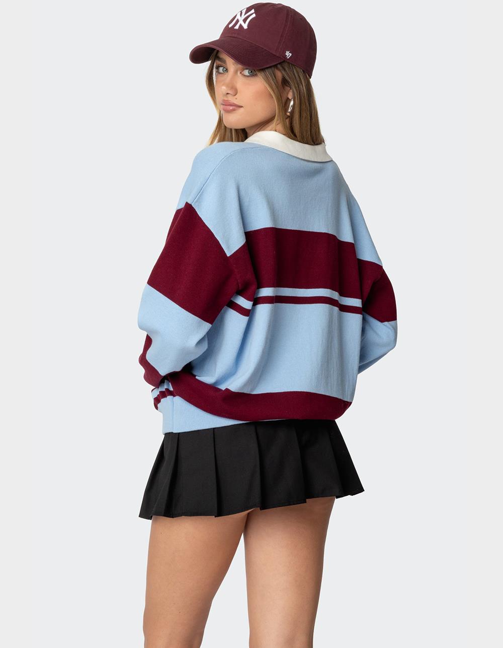 EDIKTED Kian Striped Polo Sweater - BLACK