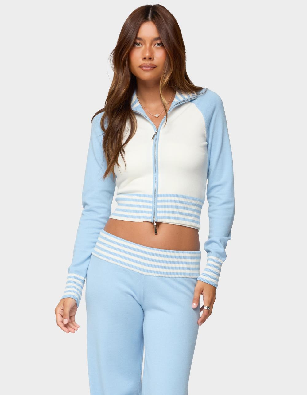 EDIKTED Clarisse Contrast Stripey Cardigan - LIGHT BLUE