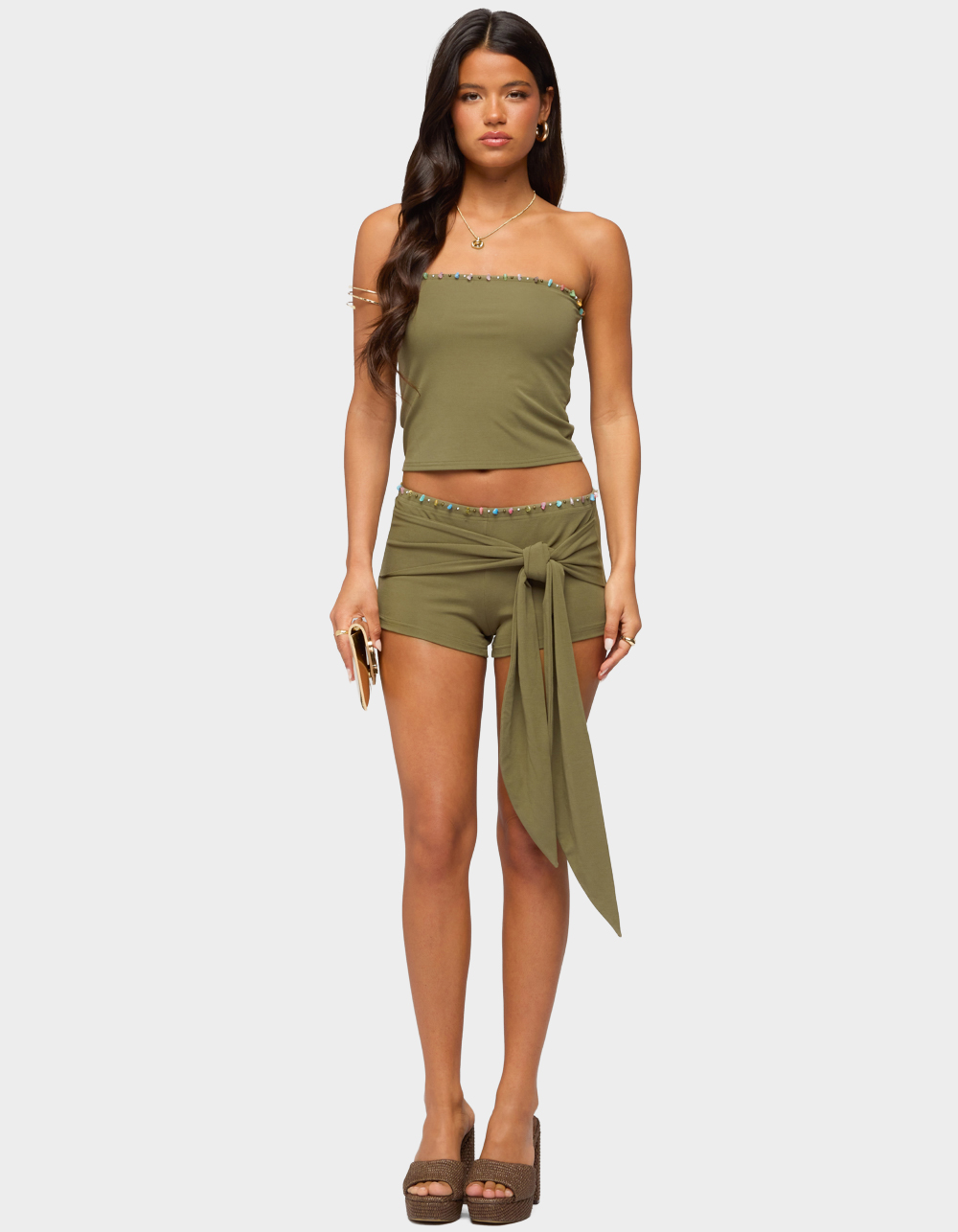 EDIKTED Monroah Bead Strapless Top - DK GREEN