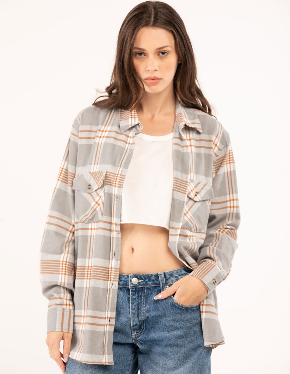 RSQ Womens Plaid Oversized Flannel GRAY Tillys